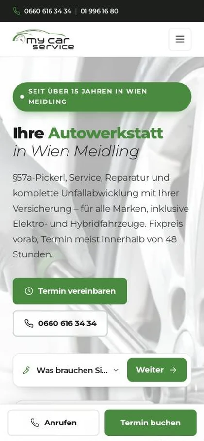 Website der Autowerkstatt My Car Service in Wien Meidling, dargestellt auf einem Smartphone