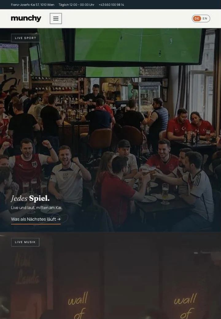 Website der Sportsbar Munchy am Schottenring, dargestellt auf einem Tablet