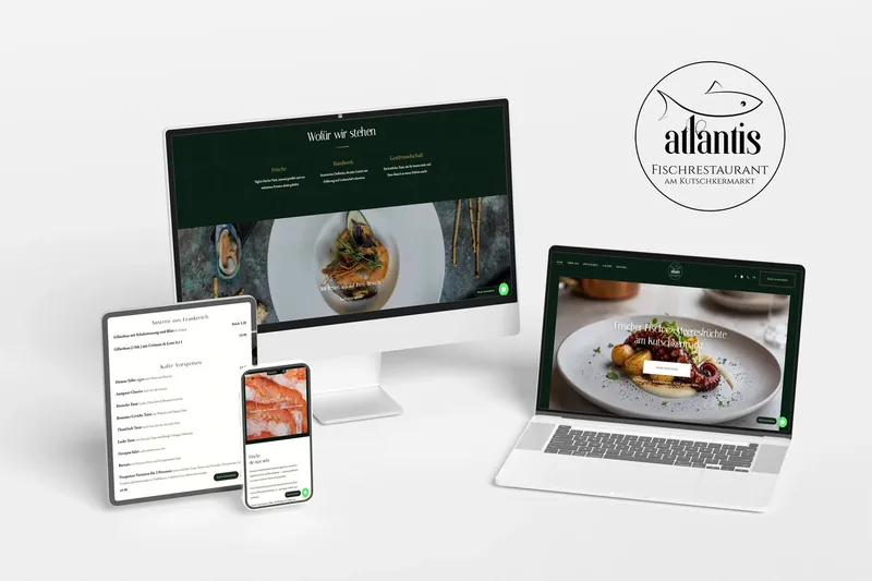 Website des Fischrestaurants Atlantis am Kutschkermarkt in Wien auf Desktop, Tablet und Smartphone