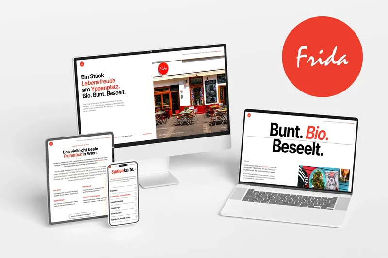 Website des Bio-Cafés Café Frida am Yppenplatz in Wien auf Desktop, Tablet und Smartphone