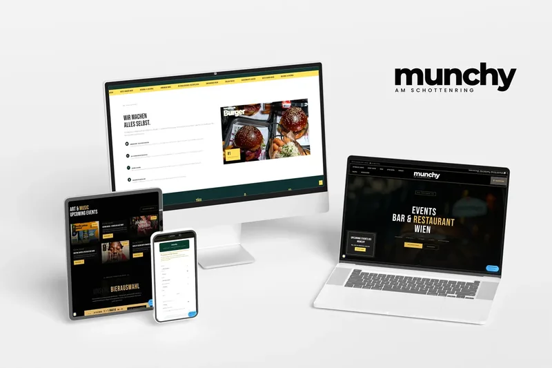 Website der Sportsbar Munchy Urban Kitchen am Schottenring in Wien auf Desktop, Tablet und Smartphone